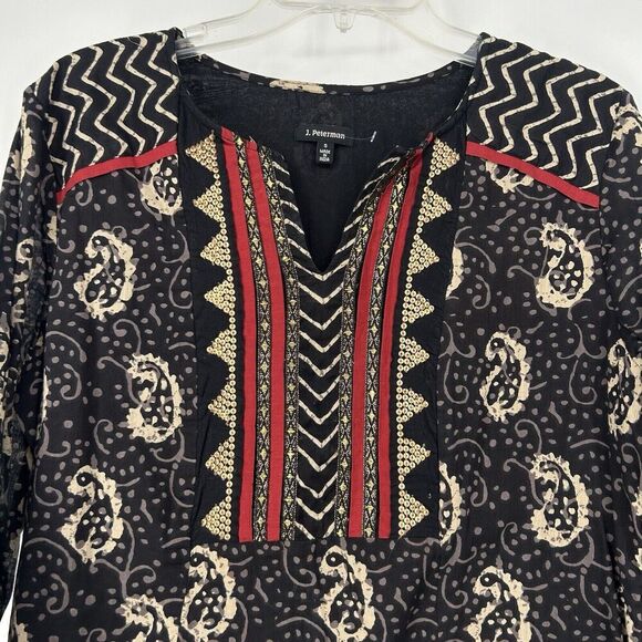 J Peterman Boho Tunic Top Black Gold Sequins Paisley Print 3/4 Sleeves Size S - Picture 2 of 12